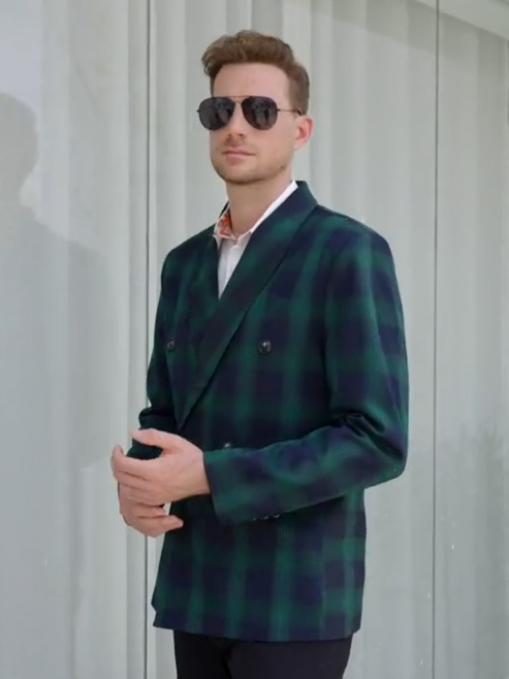 Double-Breasted Green & Black Plaid Blazer - Men - Picture 3 of 13